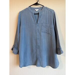 Purejill Blouse Size S Chambray Popover 3/4 Sleeve‎ Wavy Textured Soft Beachy
